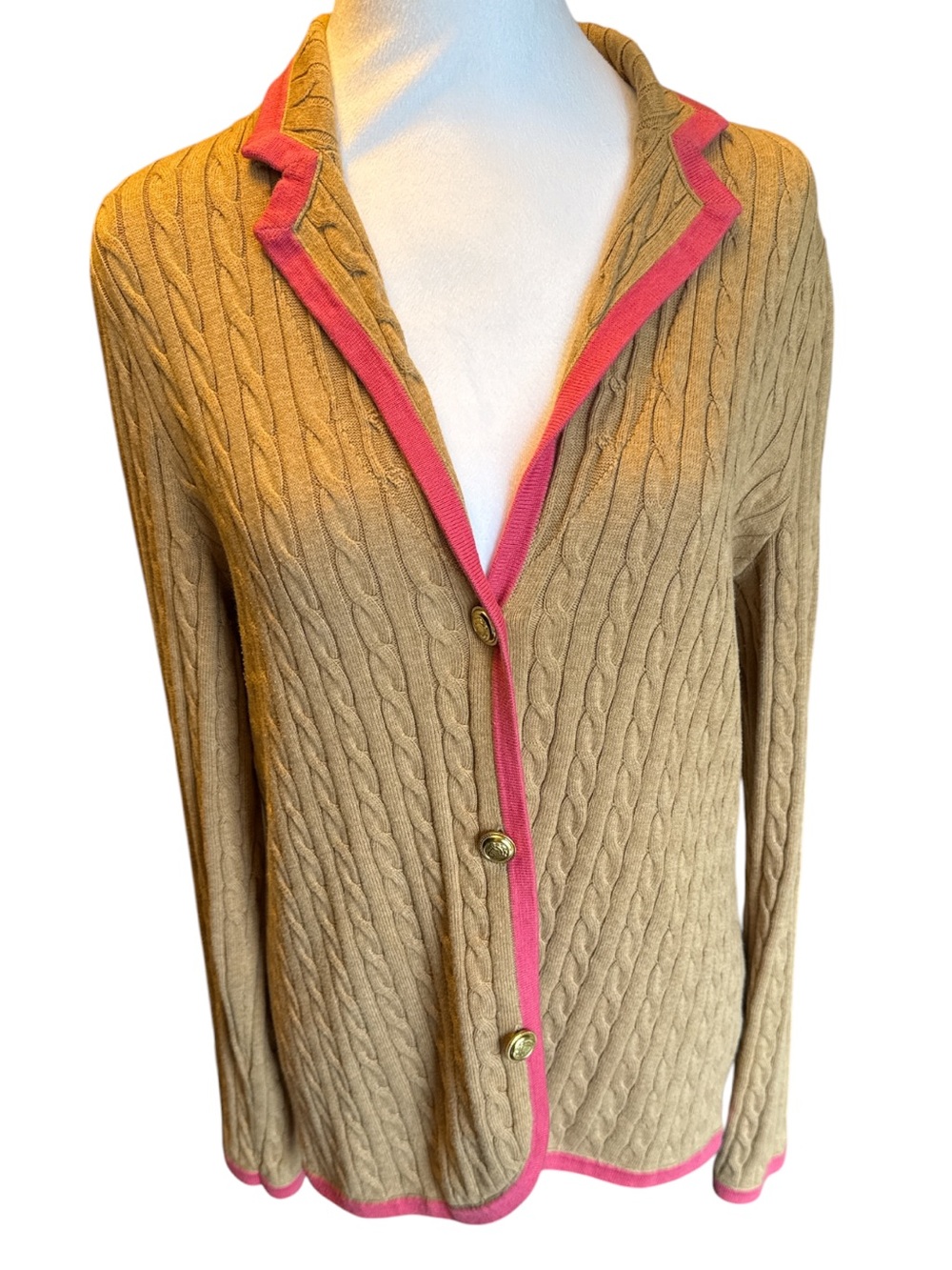 Lands' End Tan Cable-Knit Cardigan with Pink Trim